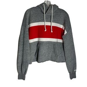 Abercrombie Fitch Womens Cropped Hoodie Fleece Sweater Small Gray Red Striped